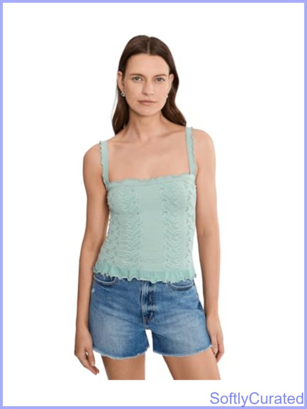 Free People Tank Top Square Neck Ruffle Strap Modal Cropped Fit